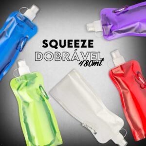 Squeeze dobrável de 480ml disponível em várias cores, com mosquetão e opção de personalização.