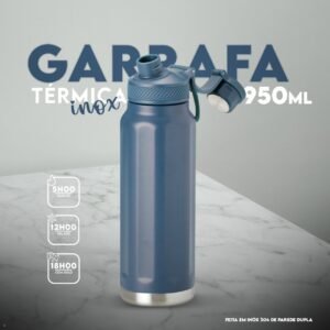 Garrafa térmica inox 950ml com tampa anti-vazamento e parede dupla, ideal para manter líquidos quentes ou frios por longos períodos