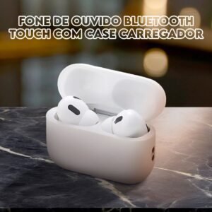 Fone de ouvido Bluetooth com case carregador touch e design ergonômico.