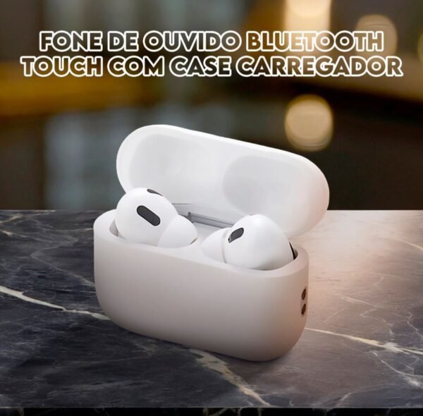 Fone de ouvido Bluetooth com case carregador touch e design ergonômico.