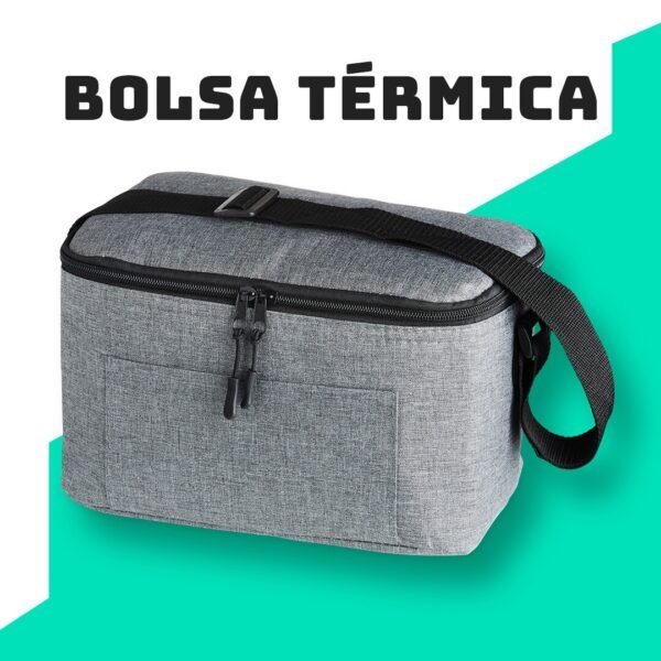 Bolsa térmica cinza com alça ajustável, ideal para transporte de alimentos e bebidas, com design moderno e compacto.