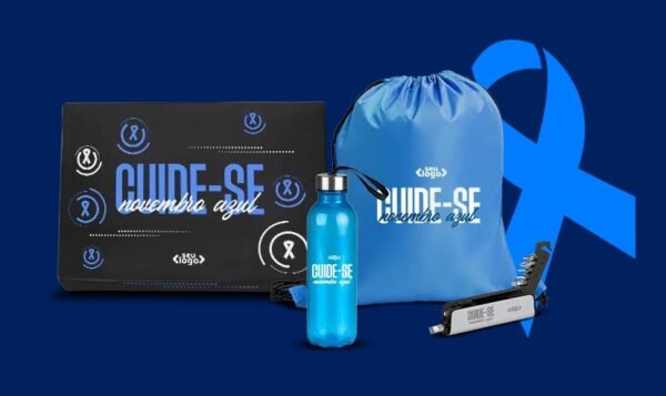 Novembro Azul com mochila, squeeze, canivete e caixa personalizada com o tema 