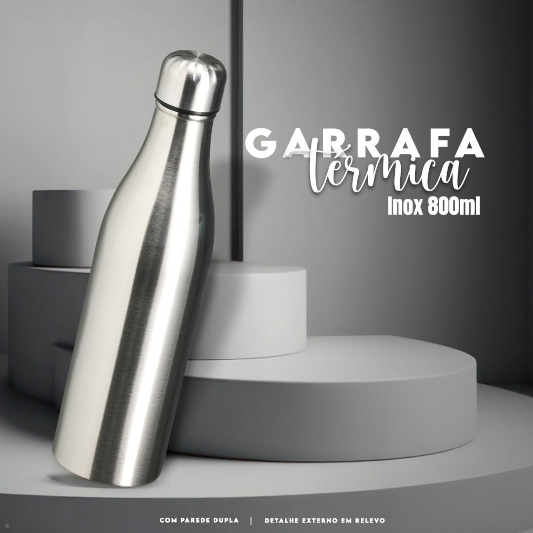 Garrafa térmica de inox 800ml com design moderno, ideal para personalização com logotipo.