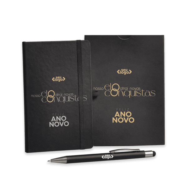 Kit corporativo com caderno e caneta personalizados, ideal para brindes empresariais