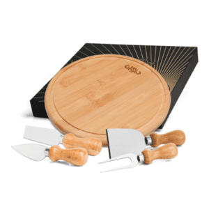 Kit gourmet para queijos com tábua de bambu personalizada e talheres de aço inox