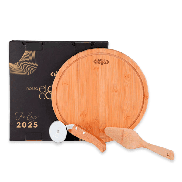 Kit pizza com tábua redonda de bambu personalizada, cortador de pizza e espátula de madeira