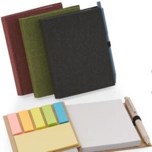 Bloco de anotações ecológico com capa reciclável, post-its coloridos, bloco de folhas brancas e caneta sustentável.