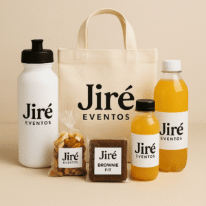Kit corporativo saudável com squeeze, brownie fit, suco, água e ecobag personalizados com logomarca da empresa